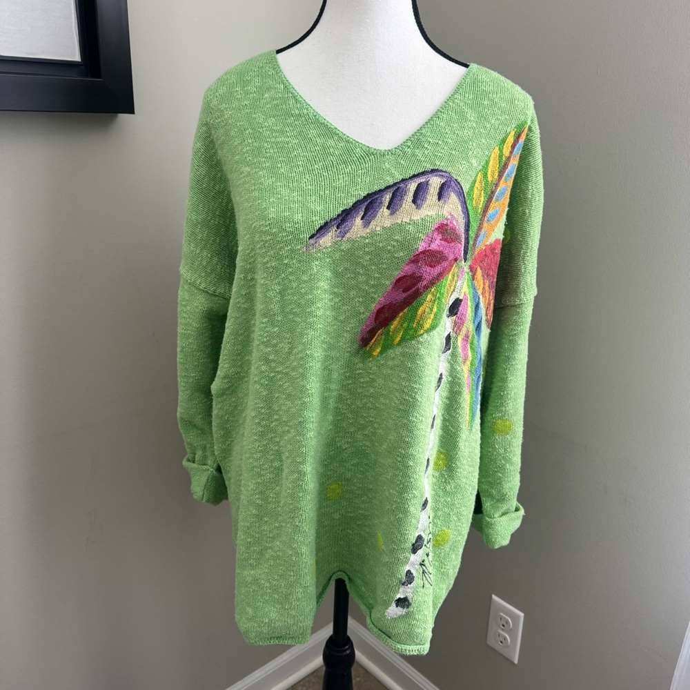 Victoria Palm Tree Hand Painted Green‎ Slub Knit Oversized Boho Sweater XXL